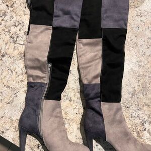 Rialto Black and Gray Over the Knee Boots with Stiletto Heel